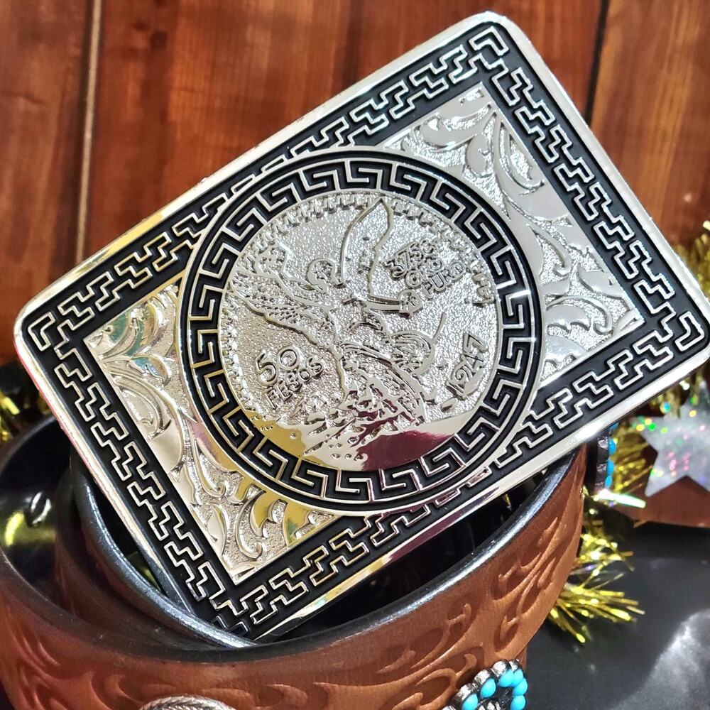 Centenario Cowboy Belt Buckle Western Hebilla Rodeo Silver & Black Faux 50 Peso